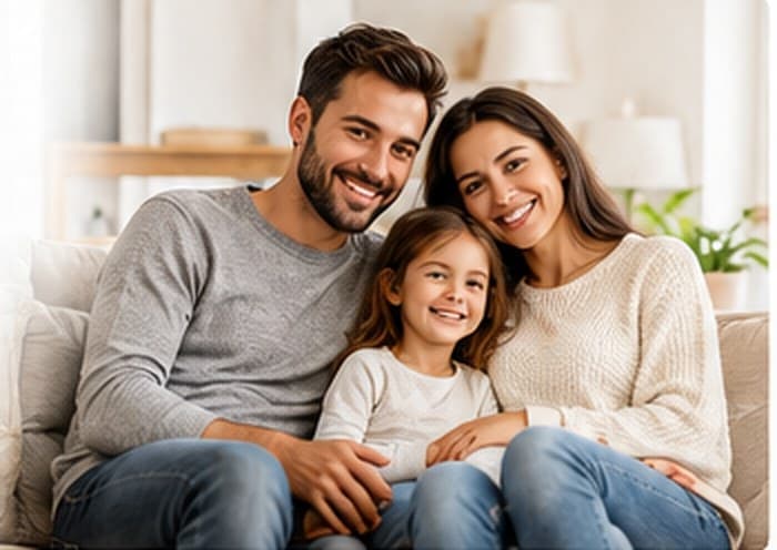 Une famille souriante dans son salon